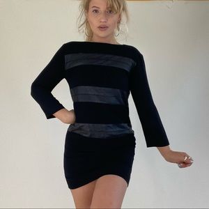 Black leather striped mini dress by Sandro Paris